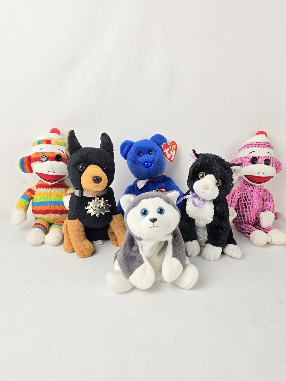 Ty Beanie Buddies Sock Monkeys Luca The Doberman John Blue Bear Husky Black Cat